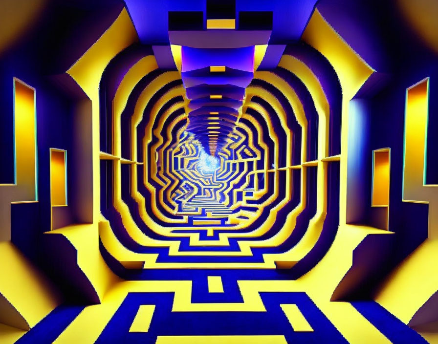 Colorful Digital Art: Hypnotic Maze Tunnel in Yellow, Blue & Purple