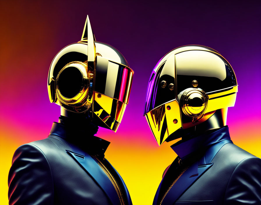 Two individuals in futuristic metallic helmets with visors in vibrant setting