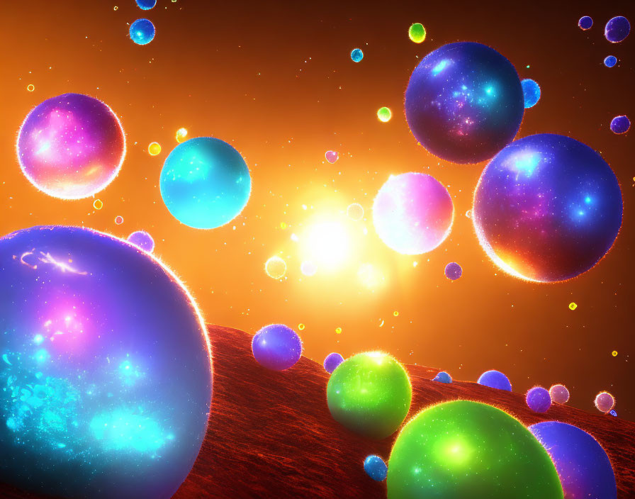 Neon glow spheres in warm orange cosmic space