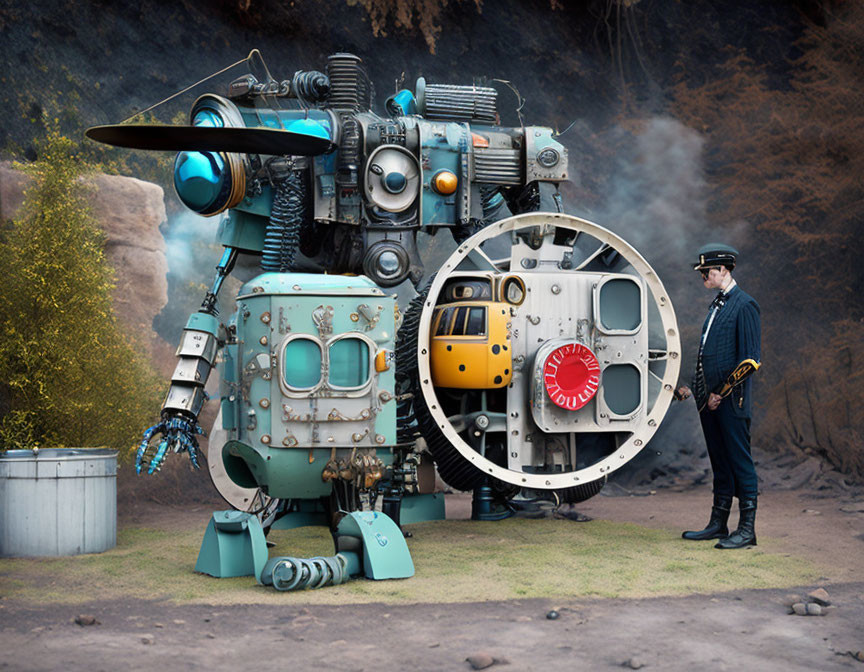 Vintage military attire man with whimsical robotic machine in rocky landscape