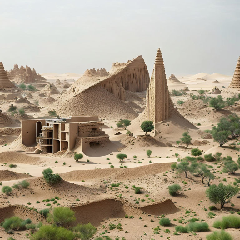 Futuristic desert settlement with conical structures amid sand dunes