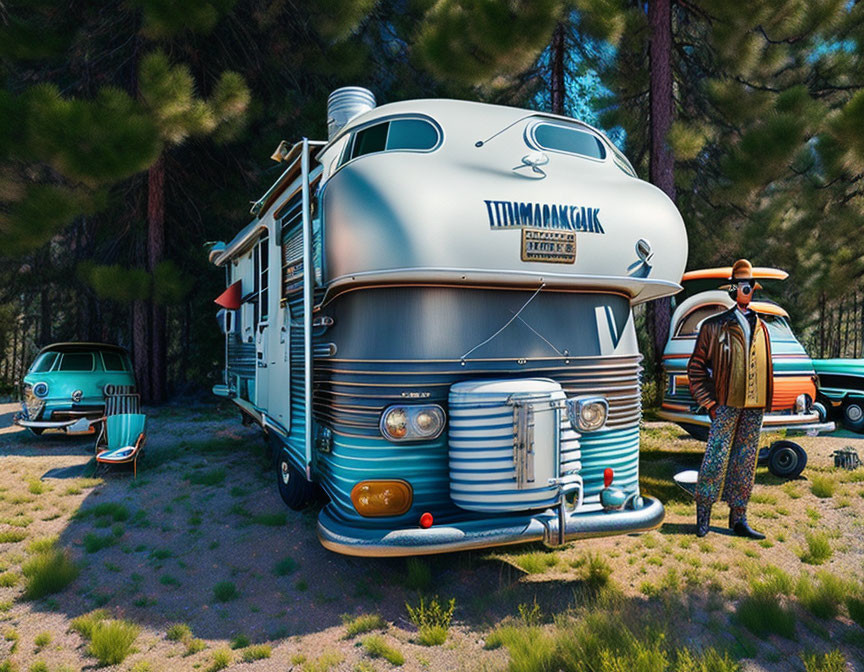 Vintage Caravan and Car with Man in Forest Setting