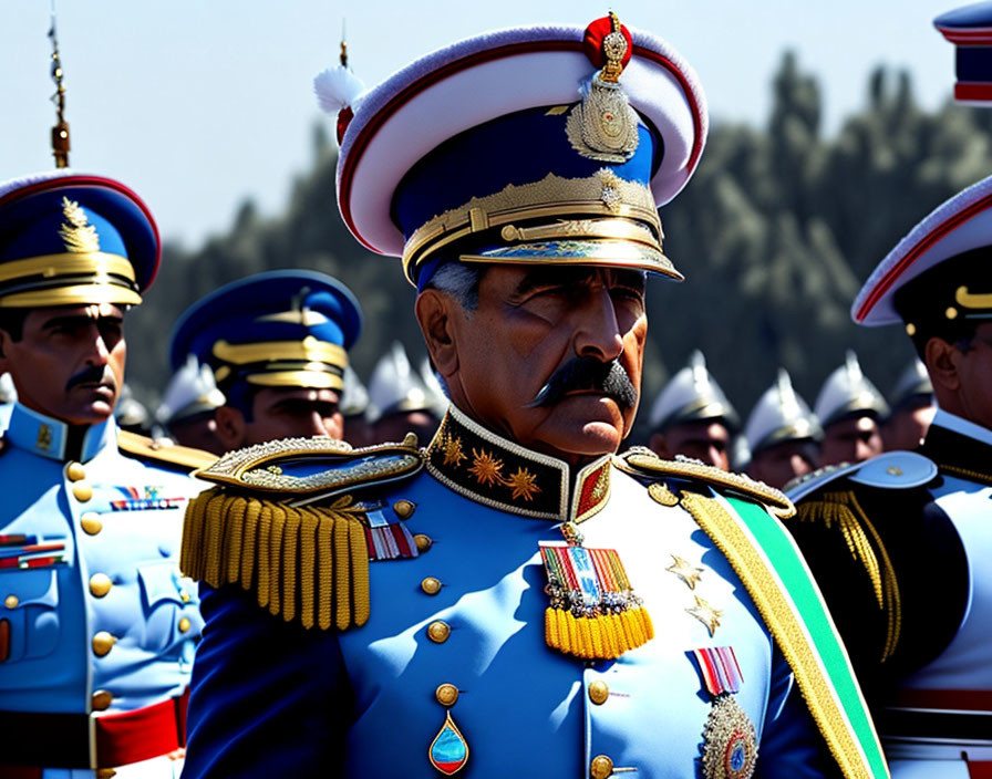 Military officer in uniform with medals and sash at parade