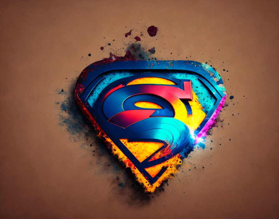 Colorful Superman logo on textured brown background with splattered paint effect