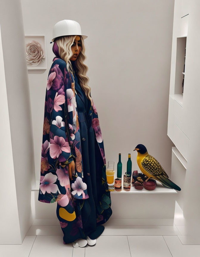 Stylish person in floral cloak and white hat in minimalist room with life-sized bird illustration