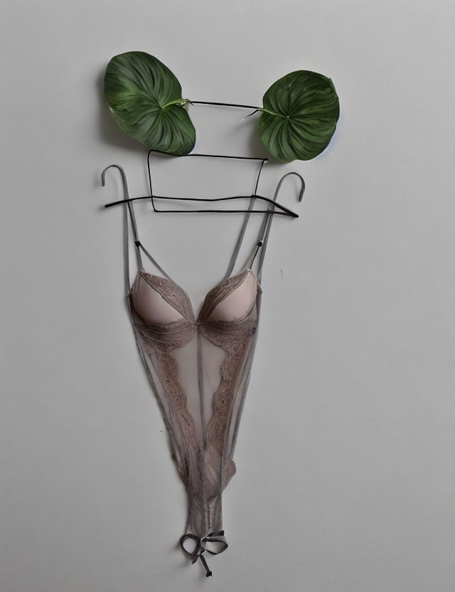 Sheer lacy bodysuit with green leaf ears on wire hanger