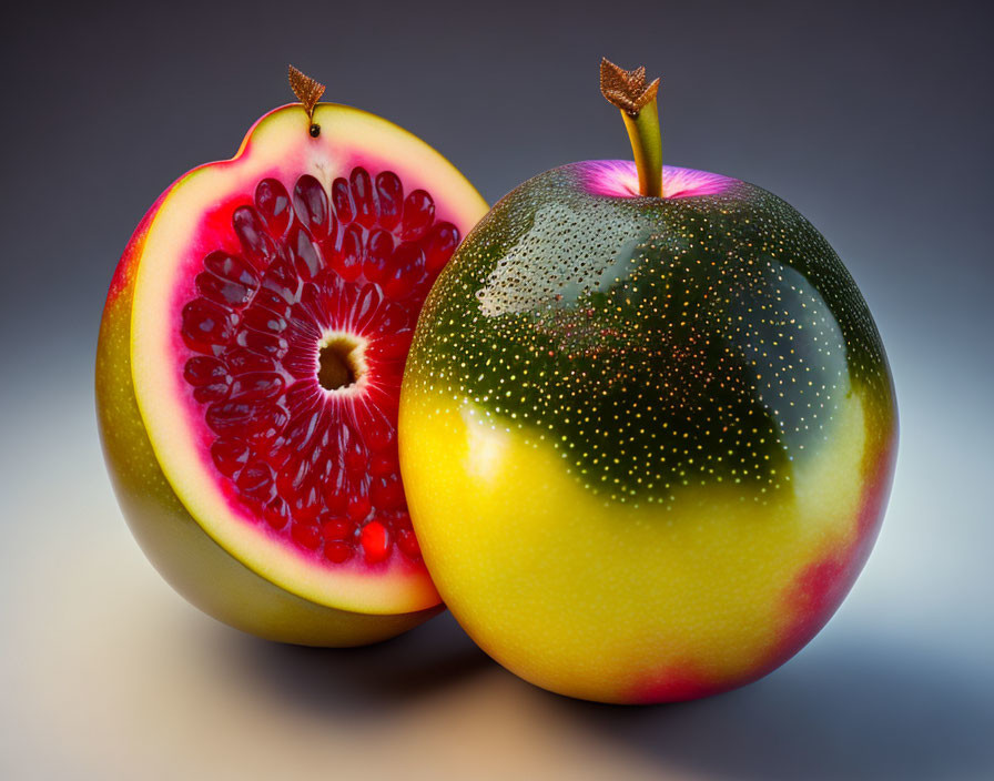 Hybrid fruit image: apple skin with watermelon flesh