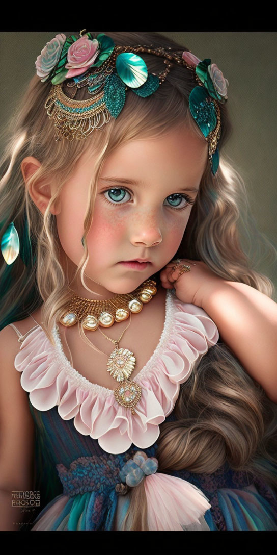 Young girl digital artwork: blue-eyed, adorned with jewelry, wavy hair, pink dress