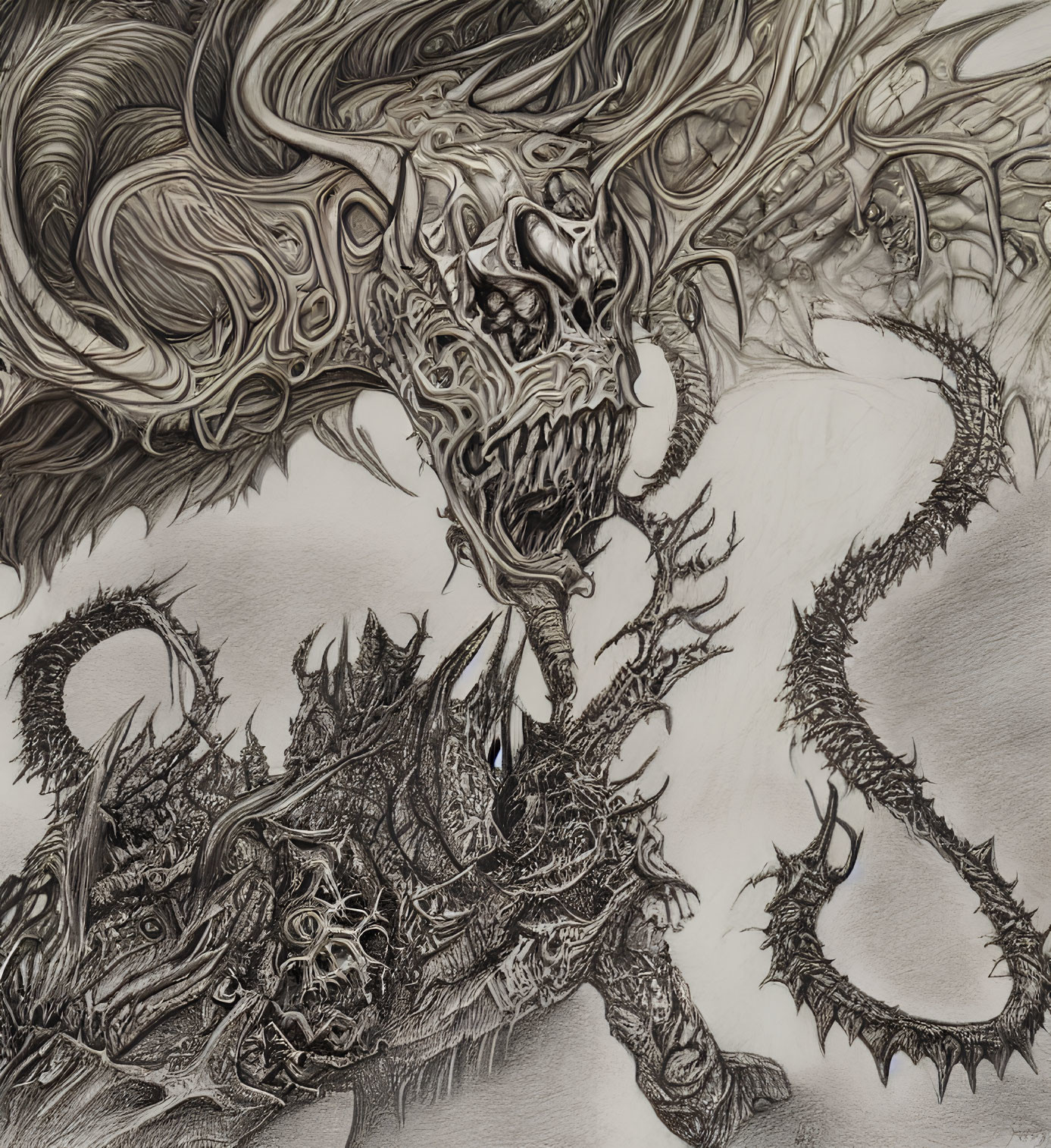 Detailed Monochrome Drawing of Fierce Dragon Battling Armored Knight