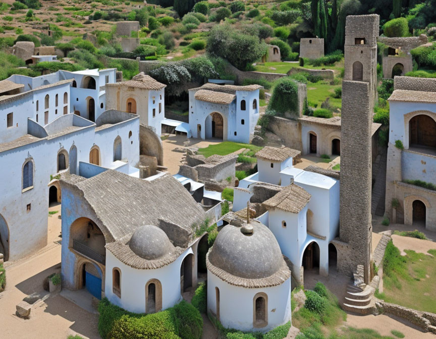 Traditional village with dome-shaped buildings and towers in lush green setting