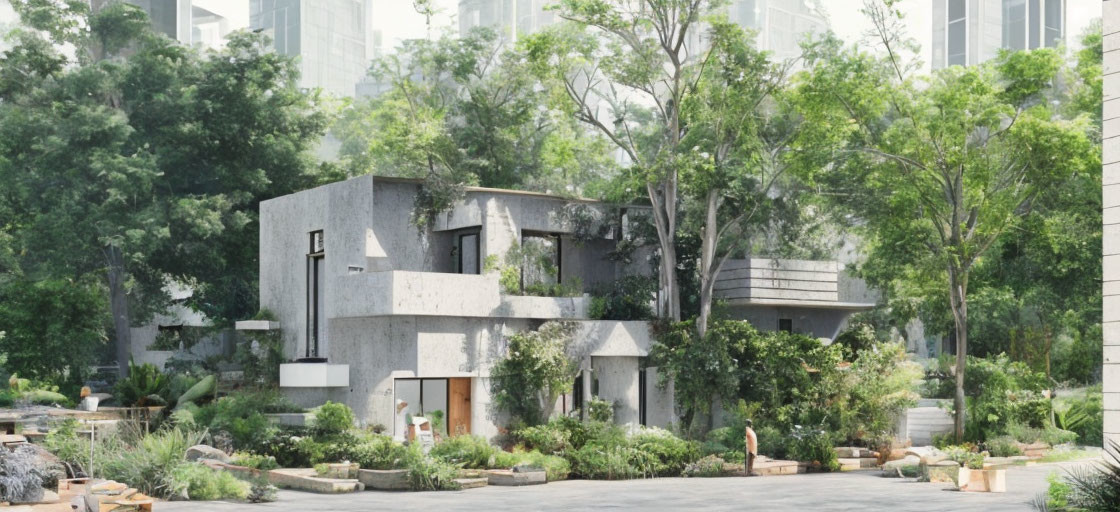 Modern Concrete House Surrounded by Greenery and Trees in Urban Garden