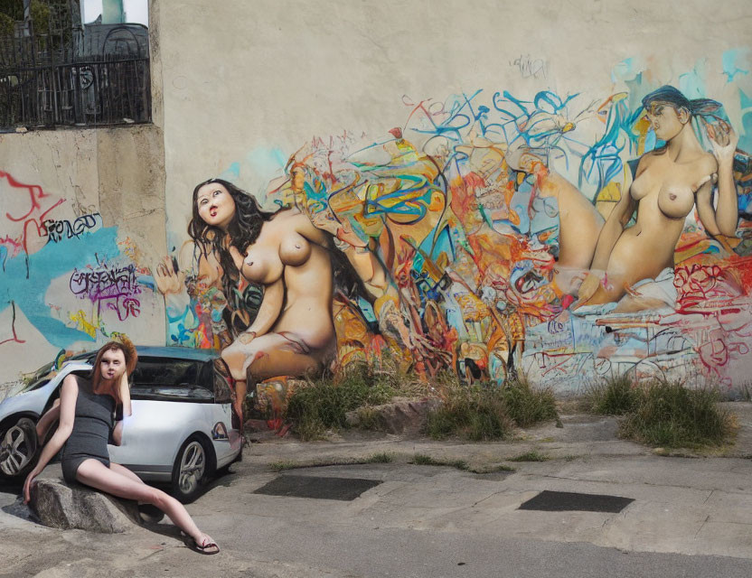 Woman sitting by car in front of colorful graffiti wall.