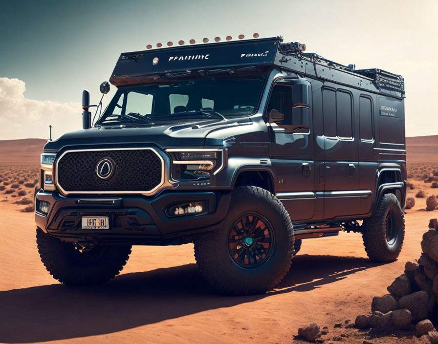 Luxurious Custom Off-Road Vehicle with Roof Lights in Desert