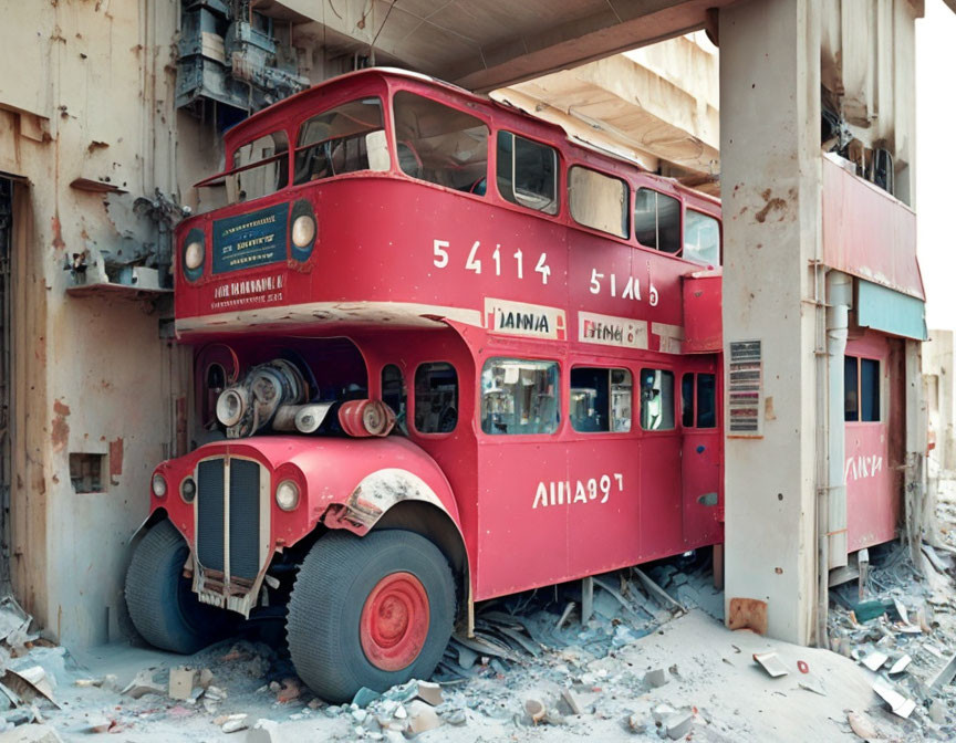 Abandoned red double-decker bus with Cyrillic lettering in ruins