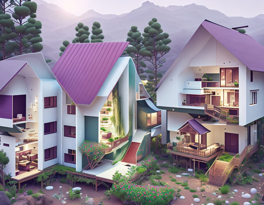 Exaggerated whimsical houses in serene forest landscape