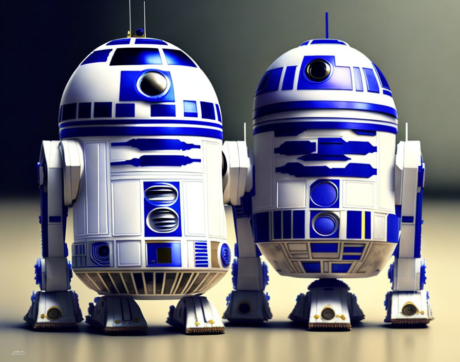 Blue and White R2 Series Astromech Droids Standing Together