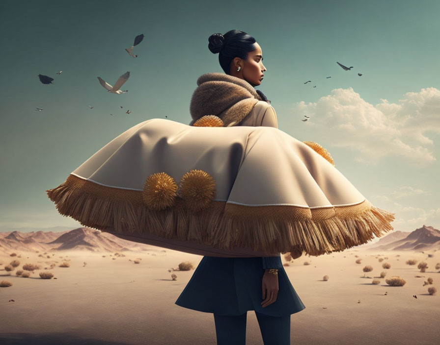 Illustrated woman in stylish outfit in desert with blowing cape and flying birds