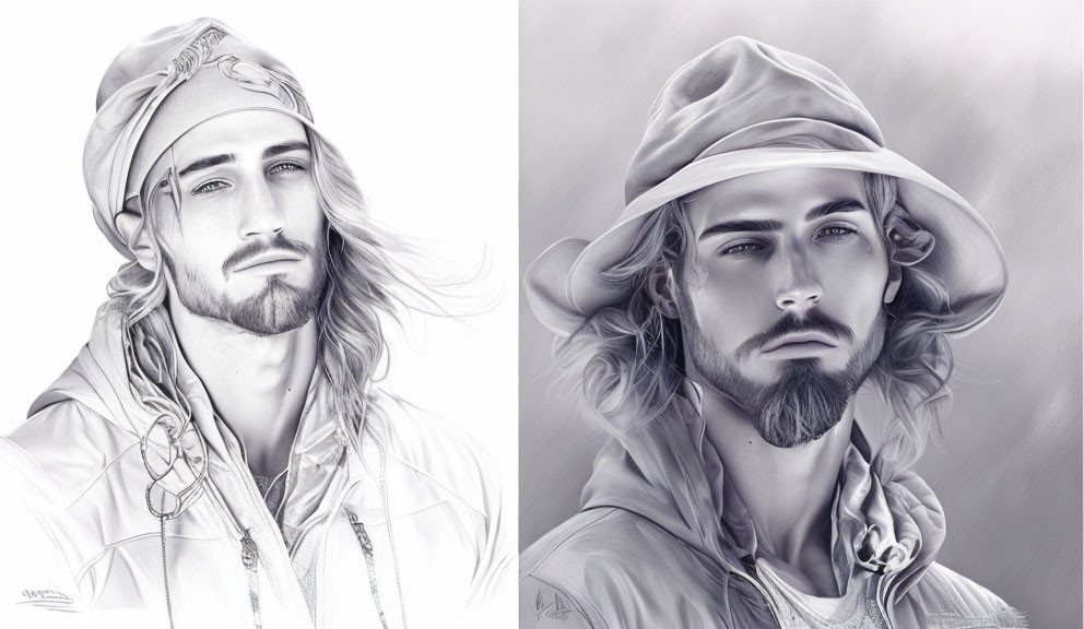 Monochromatic digital portraits: Young man with flowing hair and Renaissance-style cap.