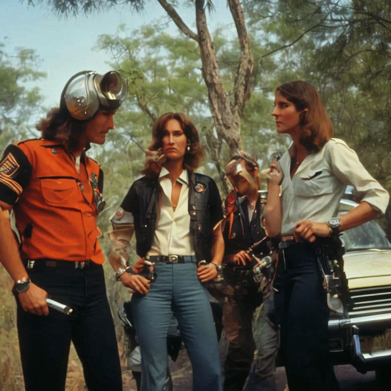 Four People in 70s Style Clothing by Car in Wooded Area with Badges & Walkie