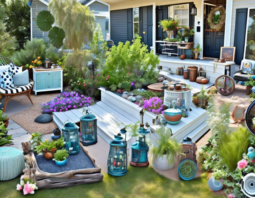 Tranquil home garden with deck, potted plants, flowers, and lanterns