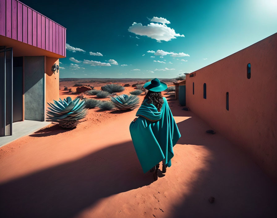 Person in blue cloak and hat walking between terracotta walls on sandy ground.