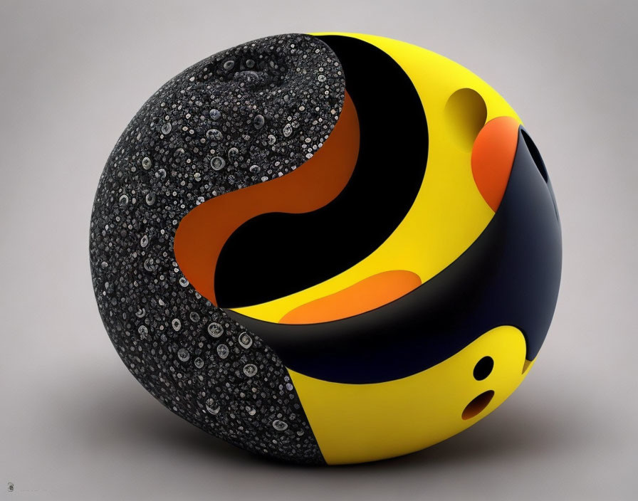 Spherical 3D Render with Yellow and Black Yin-Yang Design