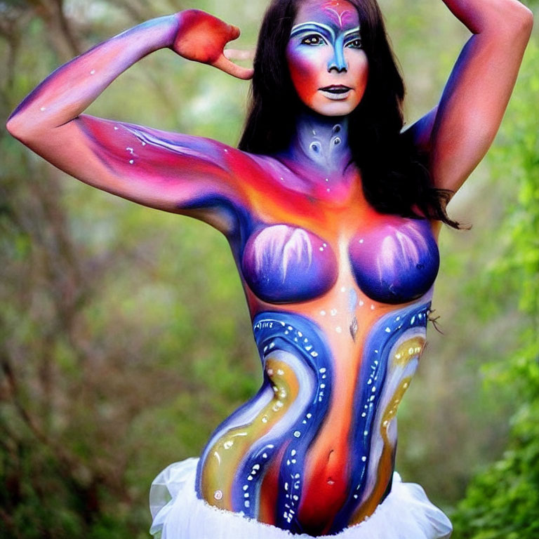 Colorful Body Paint Design on Woman in Forest with Tutu Skirt