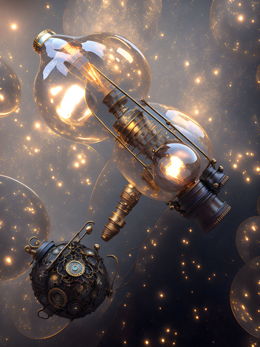 Steampunk-inspired lightbulb spacecraft and gear-encrusted satellite in dreamy space.