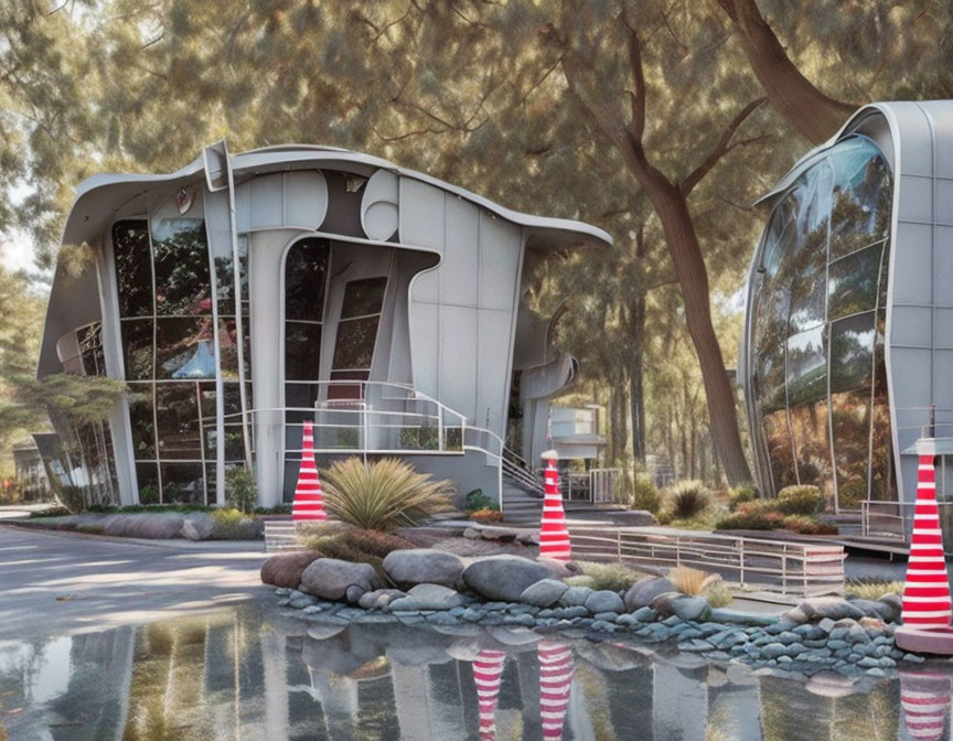 Curved glass building surrounded by trees, striped poles, and pond