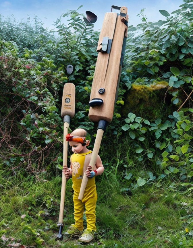 Child in oversized golf club parts blends into lush greenery.