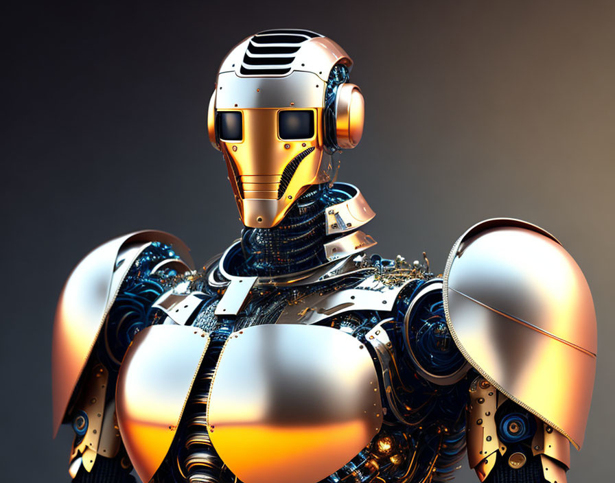 Detailed humanoid robot with gold and silver body and intricate mechanical parts