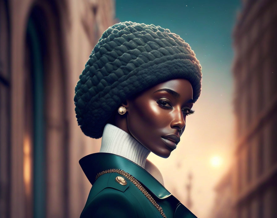 Stylish woman in teal knit hat and military coat against cityscape at sunset