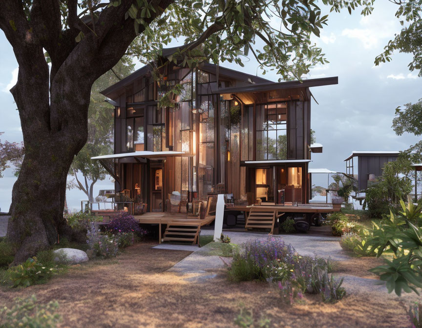 Contemporary two-story house with large glass windows and wooden exterior in natural setting with tree and twilight sky