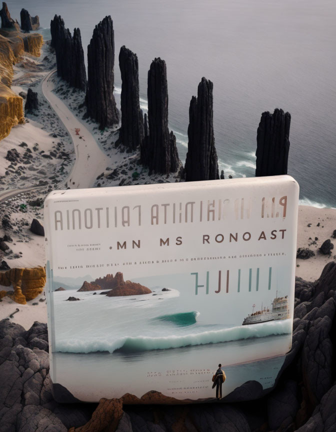 Surreal landscape with giant book cliffs and floating text