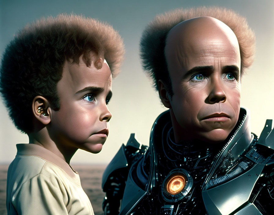 Child and adult in futuristic outfits with large heads looking right