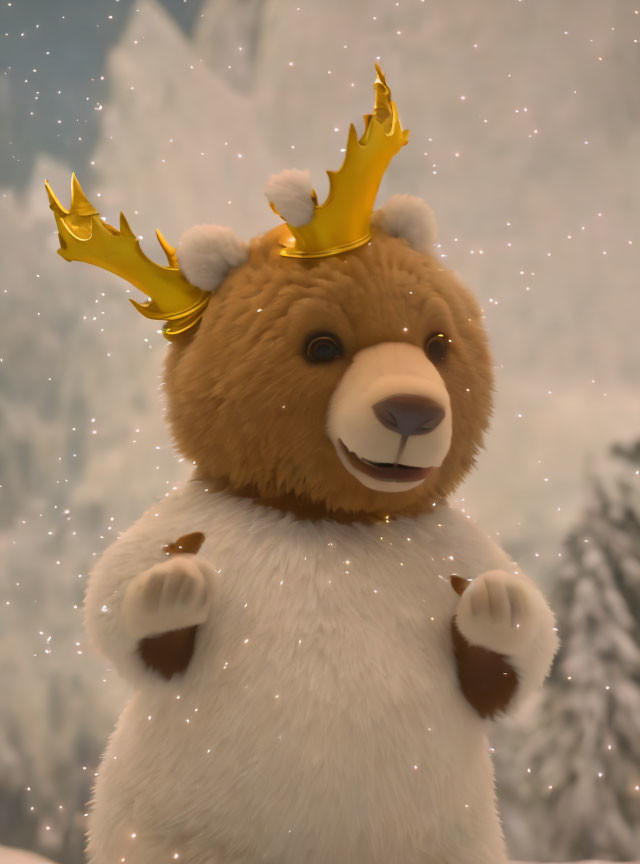 Plush Toy Bear with Golden Crown in Snowy Scene