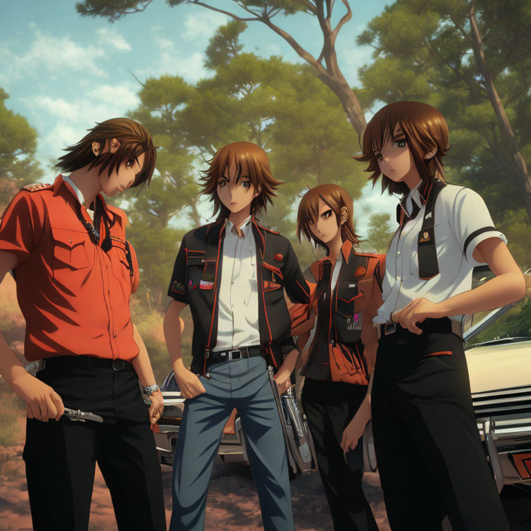 Anime characters in uniform with pistol & classic car in forest clearing