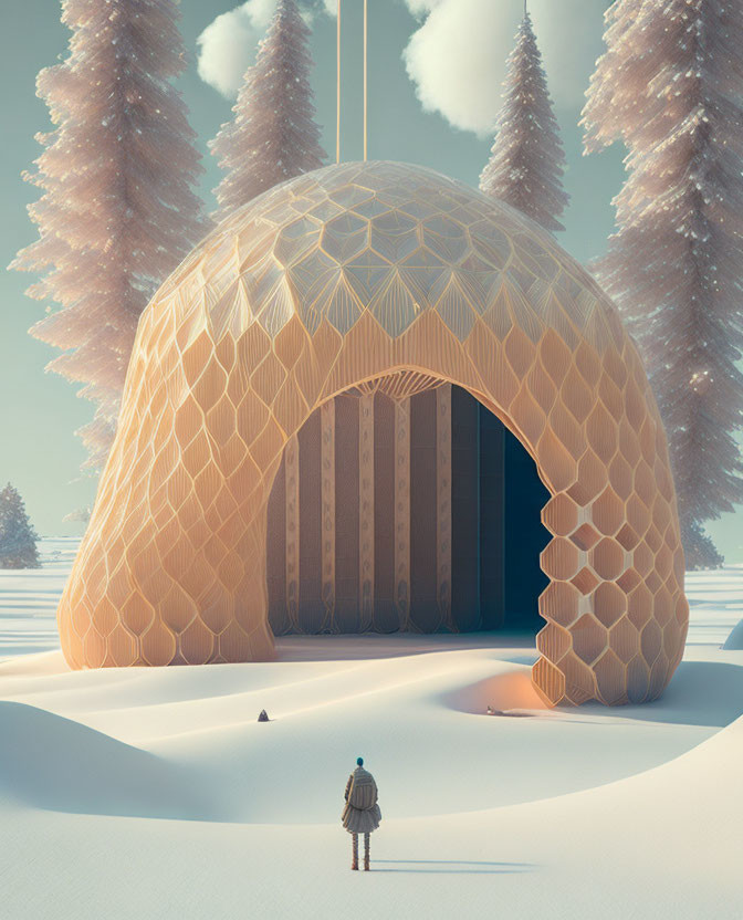 Futuristic dome with honeycomb structure in snowy landscape