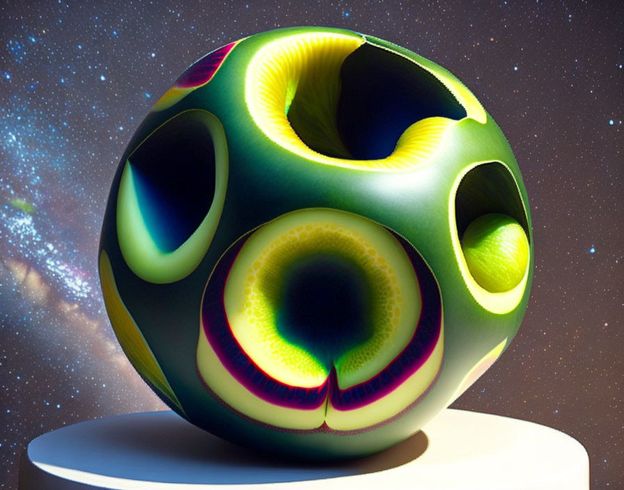 Colorful spherical sculpture with hole patterns on starry space background