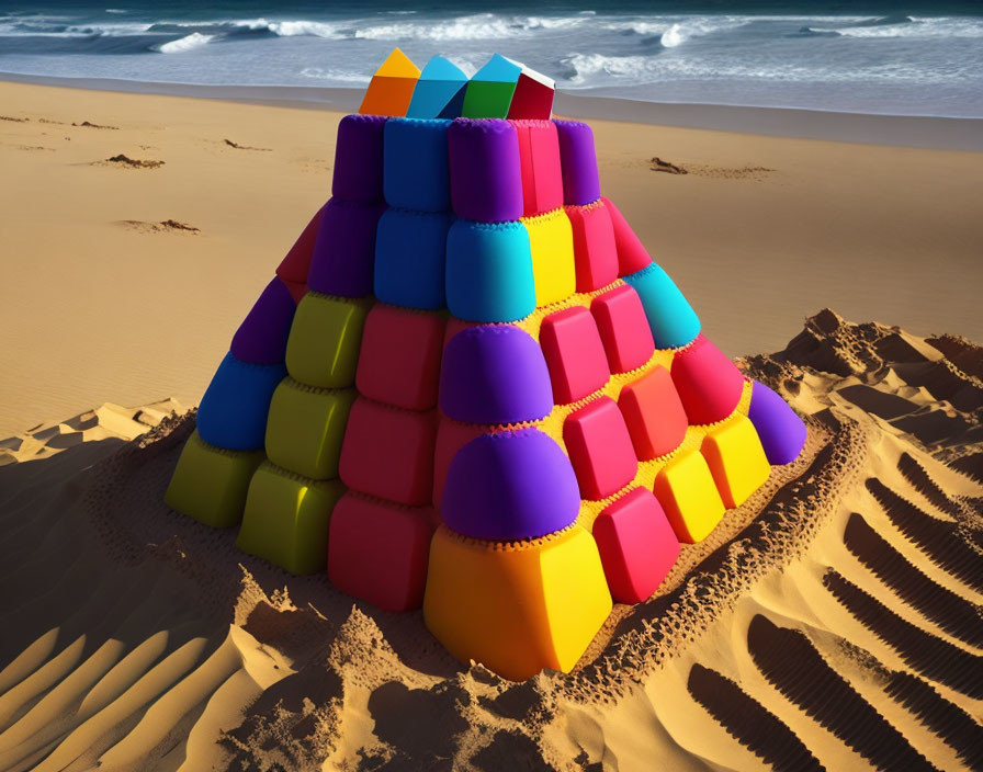 Vibrant sandcastle pyramid on sandy beach with ocean waves and tire tracks