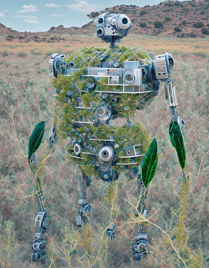 Surreal humanoid figure made of green foliage, camera gear, and electronics in grassy landscape