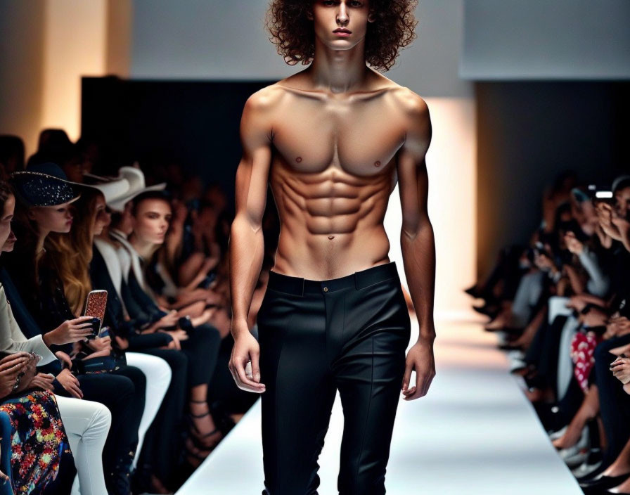 Curly-Haired Male Model in Black Trousers on Runway at Fashion Show