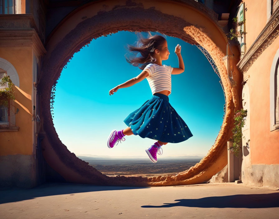 Levitating girl in blue skirt and purple shoes transitions from town to desert landscape.