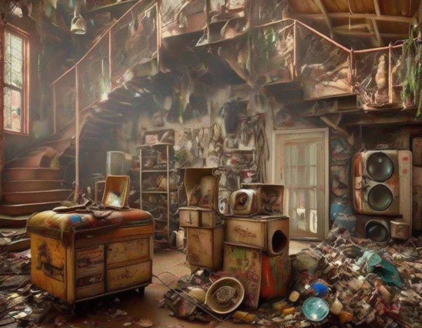 Cluttered Room with Vintage Furniture and Newspapers