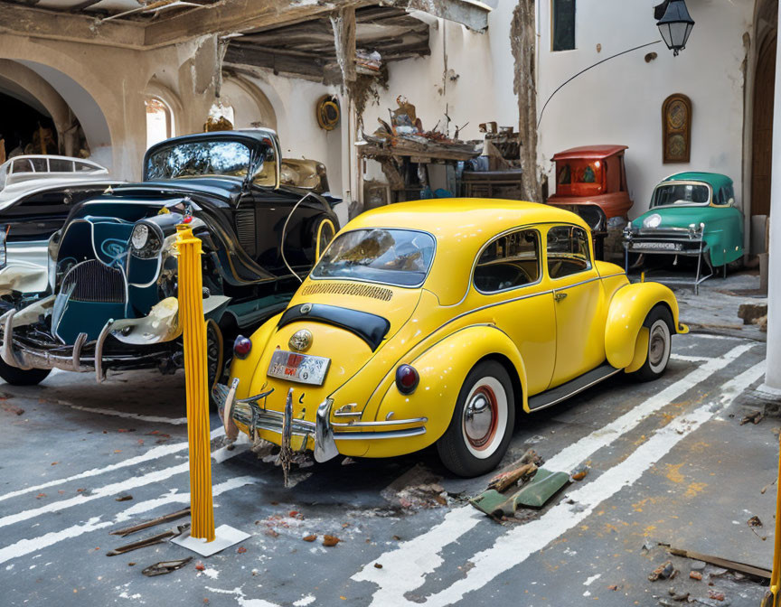 Classic Vintage Cars in Old Garage with Yellow Volkswagen Beetle