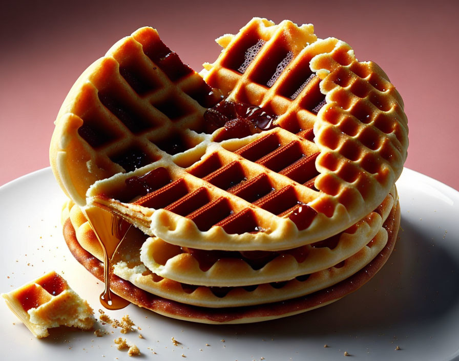 Warm waffles with syrup and butter on pink background