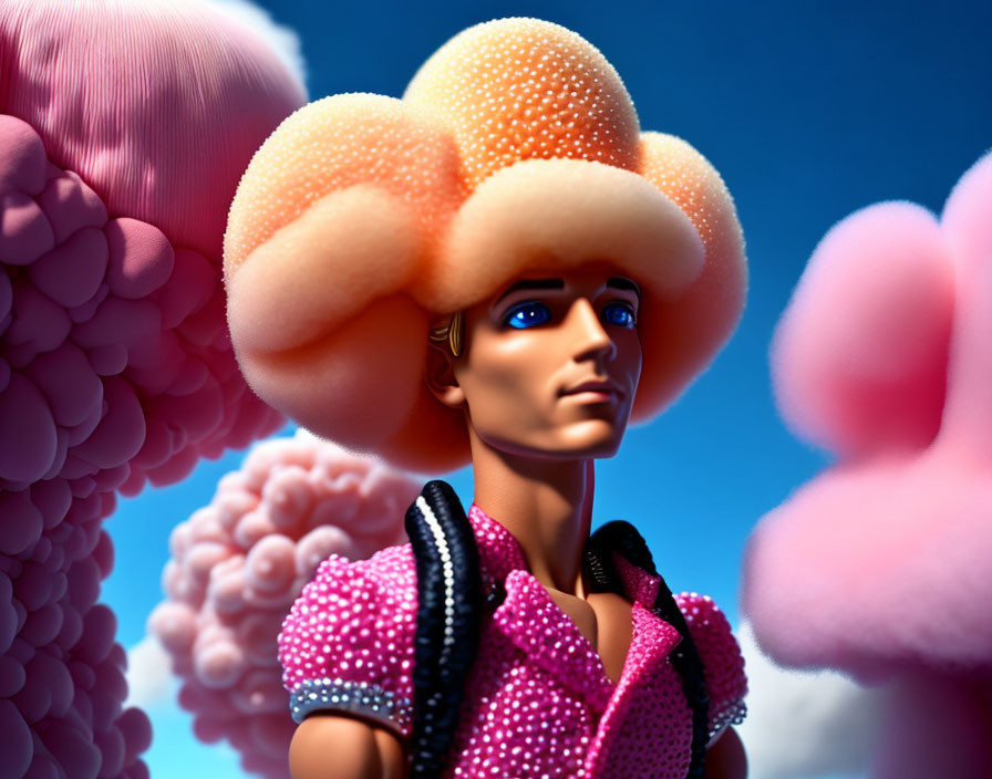 Male figure with blue eyes and orange hair in pink outfit on pink cloud backdrop