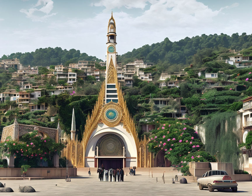 Ornate clock tower in plaza with golden details and green surroundings