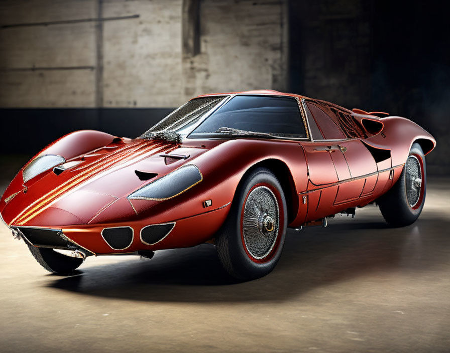 Classic Red Sports Car with Gullwing Doors in Dimly Lit Garage