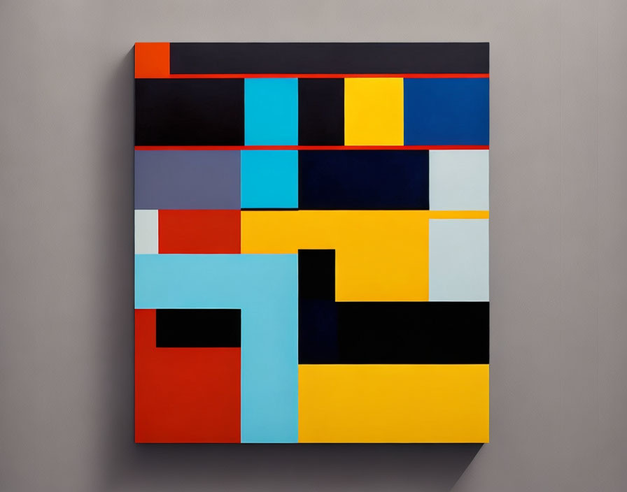 Abstract painting with bold geometric blocks of blue, red, yellow, and black on gray background